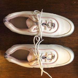 FootJoy GreenJoys Womens Golf Shoes Sz 8.5M White Leather Pink Soft Spike 48703